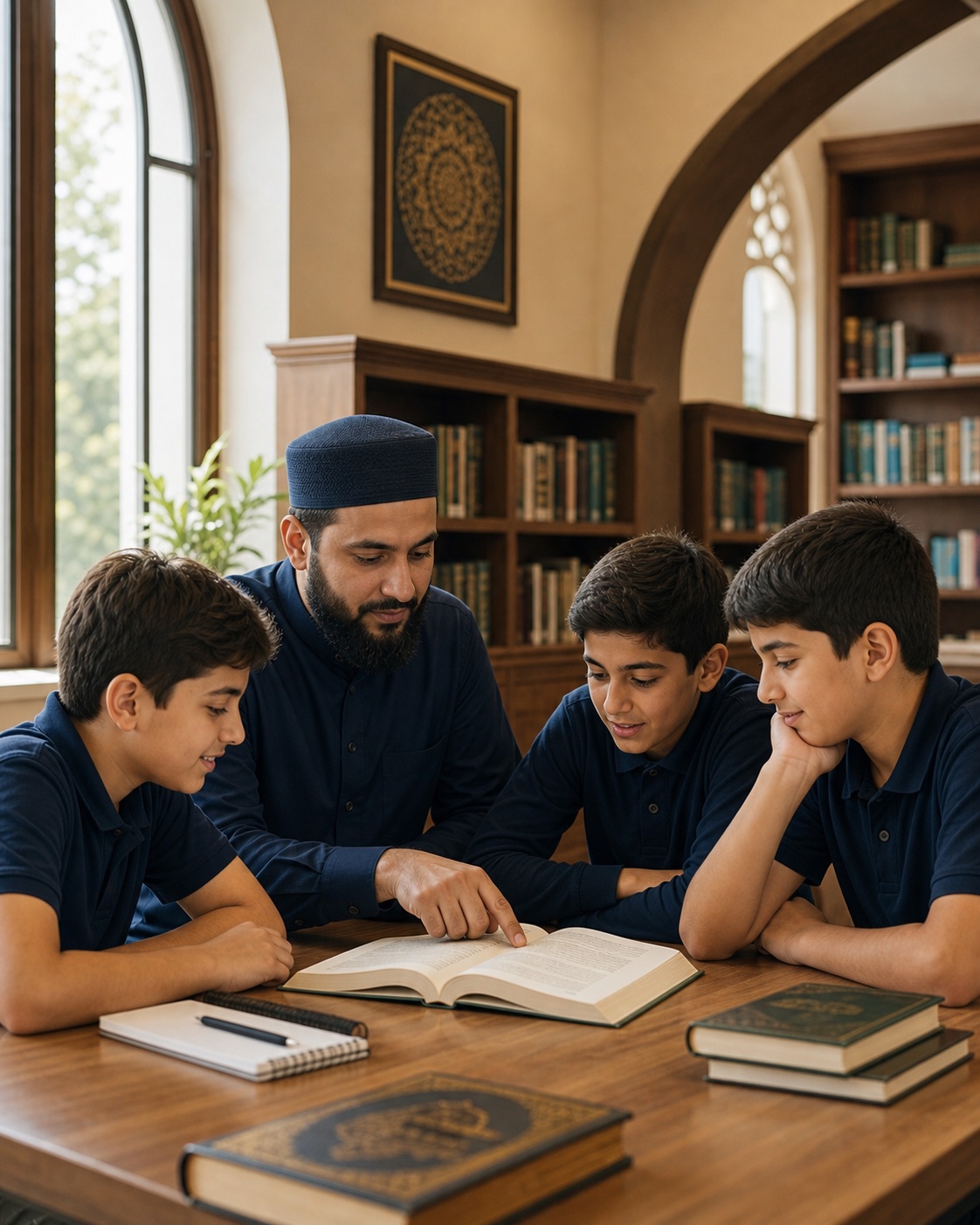 Anoor Academy boys reading together in a welcoming school library