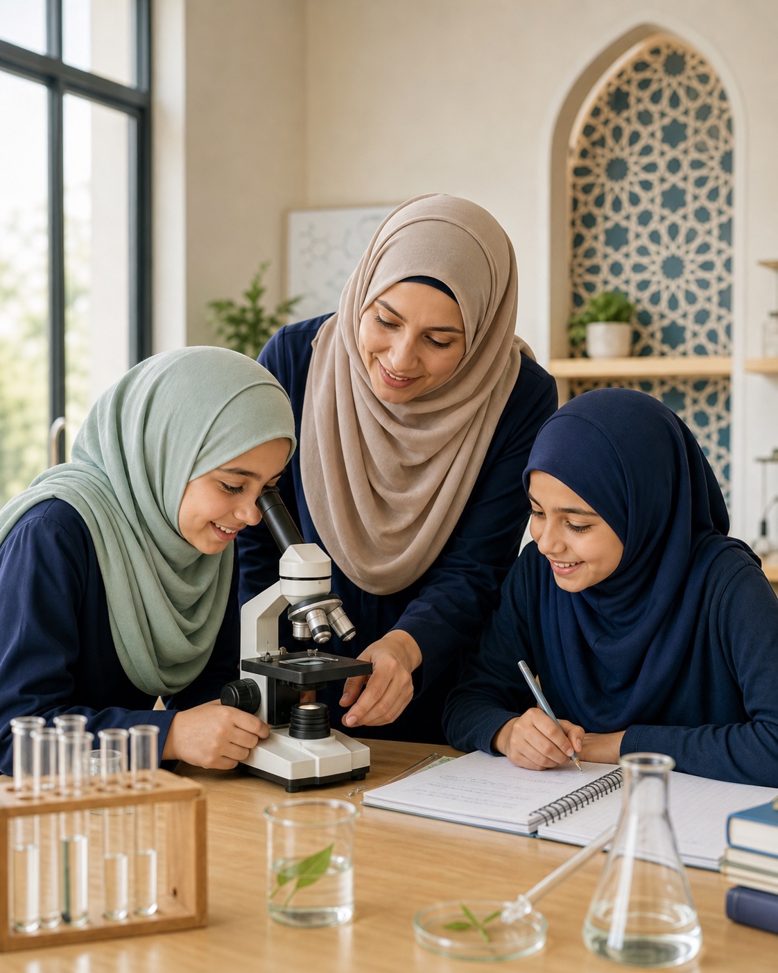 Hijabi Anoor Academy girls exploring science with a teacher