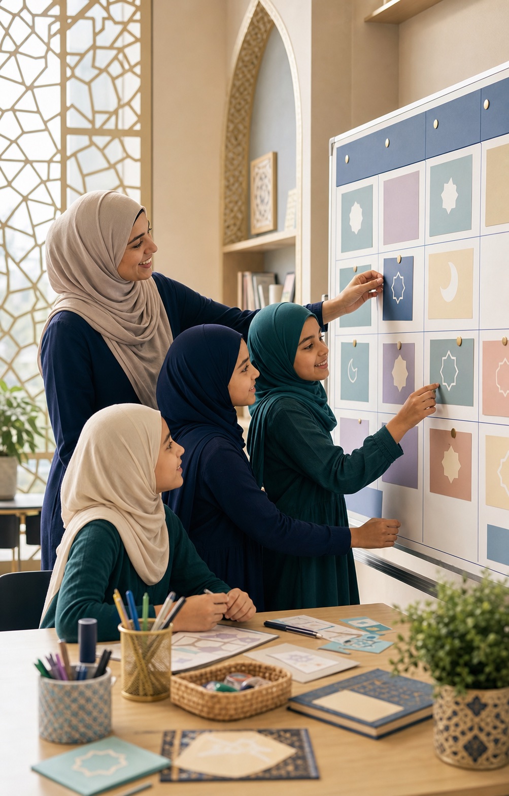 Hijabi Anoor Academy girls preparing a classroom activity calendar
