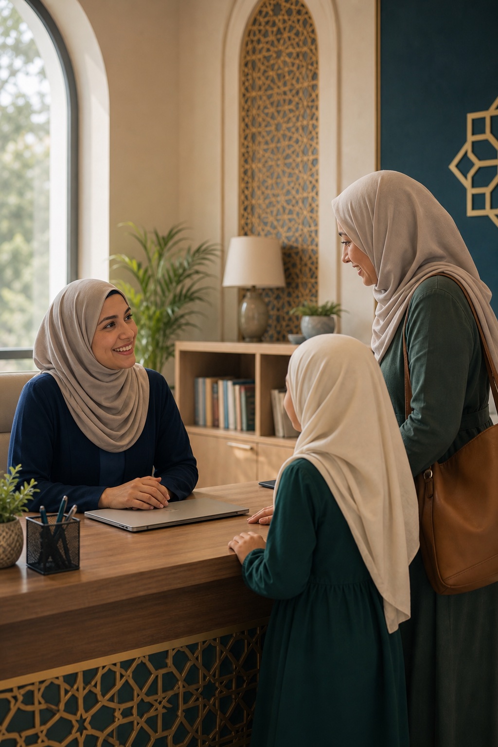 Hijabi Anoor Academy staff member welcoming family questions